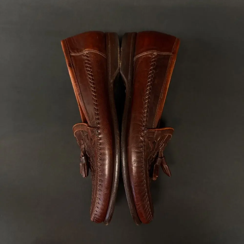 Santoni Vero Cuoio Loafers Mens 7.5D Brown Tassle Woven Italy Leather Dress Shoe